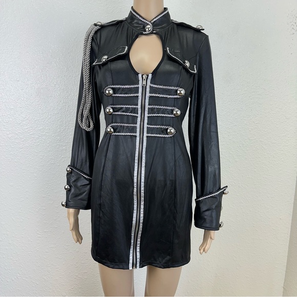 Frederick's of Hollywood Women's Black Silver Military Coat Waxed Matrix Drag L - Picture 1 of 9